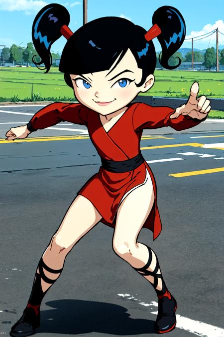  kimiko, 1girl, black hair, twintails, solo, blue eyes, dress, red dress, long sleeves, smile, black footwear