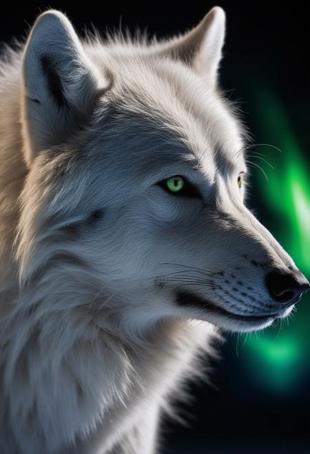 aurora borealis and arctic wolf, 
Miki Asai Macro photography, 
close-up, 
hyper detailed, 
trending on artstation, 
sharp focus, 
studio photo, 
intricate details, 
highly detailed, 
by greg rutkowski