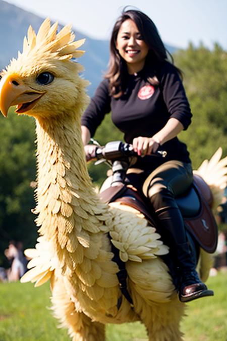 woman riding chicken chocobo bird <lyco:Chocobo_Lycoris_B:0.8>