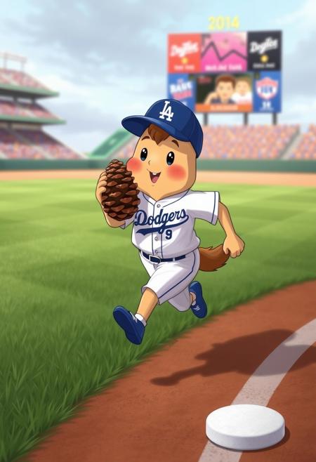 ral-pinecone, score_9, score_8_up, score_7_up, located at a baseball field ((Koikelhondie runs from the mound to the home with a pine cone)) wearing a Dodgers uniform, adorable expression,