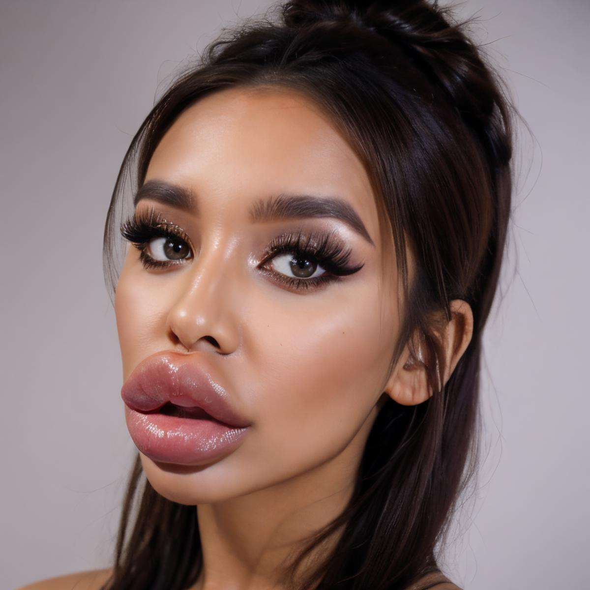 A woman with large lips wearing a bun in her hair.