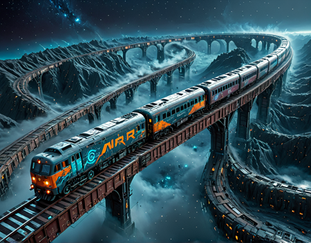 (create a very complex and very long train in the deep space:1.5), (very long train:1.3), extremy complex wagon, bird's eye view,  (meander rail:1.9), turn, (winding:1.2), chaotics train , cyberpunk train, mechanicals, altitude diference,  starry, electric rail, ambre, inclusions,  dirty, hdr, masterpiece, 8k, hyper detailled, epic details, epic scale, wm_cyber, cybertech, in the style of ff-co , sw02d_xl, semiprecious, <lora:Space_Worlds_02__Dark:0.7> <lora:Space_sdxl:0.3> <lora:Dart_1_00:0.9> <lora:stones:0.5> <lora:excybertechsdxl:1.3> <lora:Cybernetic_Style_-_World_Morph:0.3> <lora:extremely_detailed:1.7>