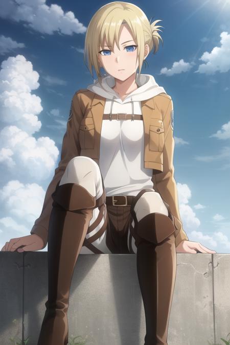 masterpiece, high quality, highres, 1girl, solo,
<lora:Annie-v1-03:0.5>, <lora:AoT_Style:0.1>, ChopioAnnie, blonde hair, short hair, folded ponytail, blue eyes, looking at viewer,
jacket, uniform, hood, paradis military uniform, emblem, hoodie, training corps (emblem), hood down, boots, belt, thigh strap, pants, knee boots, large breasts,