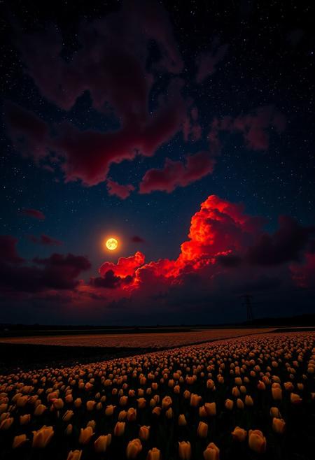(((Black and gold tulips))), extremely detailed sky, from a high cliff, starry sky, dark night, moon on fire, fields of black and gold tulips, beautiful fields, very bright, vibrant clouds, red clouds, storm coming, 8k wallpaper, romantic, perfect quality, very detailed, beautiful