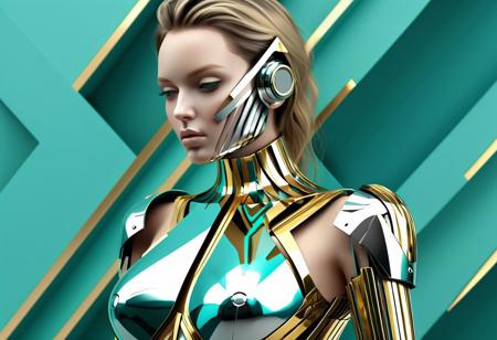 steel and  chrome beautiful female android with gold and teal angular dazzle camouflage