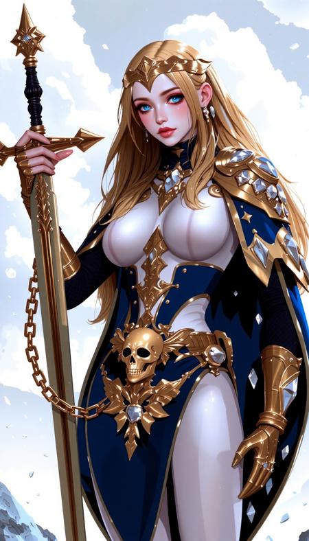 standing, holding sword made out of crystal, Golden hair, hair locks, dark blue eyes, pale white skin, black goth makeup around eyes, detailed eyes, anime, digital art, woman, clouds, snow storm, bright lighting, outdoors, winter, detailed shading, smooth skin, fit, anime style, natural light, perspective, digital painting, high contrast, vibrant colors, open angle, (full body shot), wide angle, amazon knight, armour made of crystal, blue long cape, silver skull ornaments, golden crown, Elsa,  embedding:badhandv4.pt   embedding:easynegative.safetensors  aidmafluxpro1.1, art by incase, (no labels) (no text)
