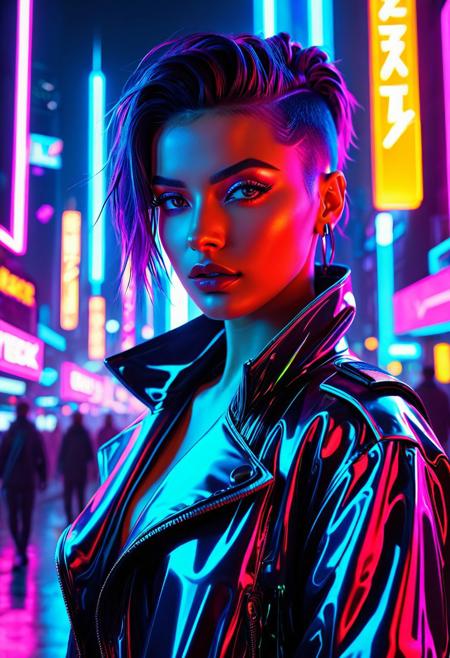 masterpiece, best quality, ultra-detailed), hyper-realistic portrait of a futuristic influencer, neon lights, cyberpunk cityscape, vivid colors, electric atmosphere, confident pose, sharp facial features, reflective surfaces, dynamic composition, cinematic lighting, depth of field, trending on artstation, buzz