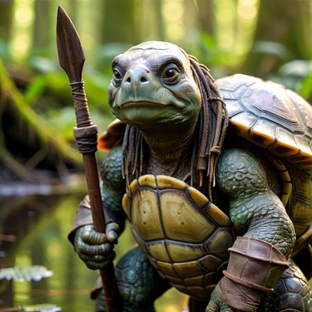 highly detailed portrait photo of a (tortle):1.2  visiting a small primitive swamp camp,

tortle, solo, looking at viewer,colored skin, chainmail, green skin, sword,

a primitive camp in a swampy jungle,

depth of field:1.2, blurry, blurry background,
realistic:1.3,

photorealistic,
fantasy, cinematic,
32k, best quality, 
god rays:1.2,
dappled sunlight:1.1,
shadow play:1.1,




