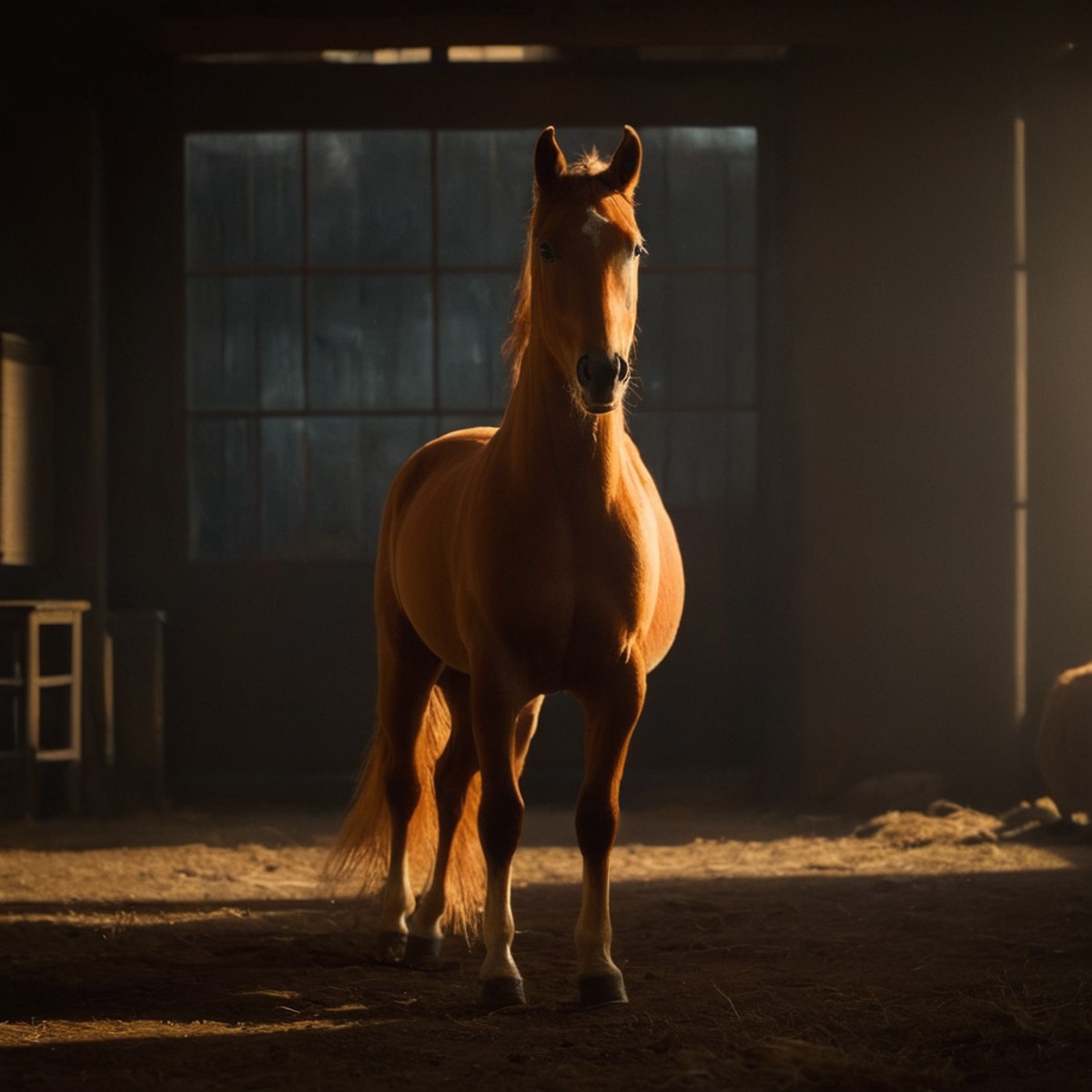 cinematic film still of  <lora:Warm Lighting Style:1>
warm light,a brown horse standing in a dark room,warm lighting style...