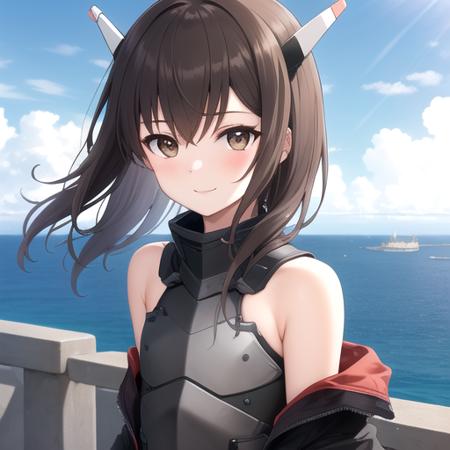 ((masterpiece)),(best quality),official art,extremely detailed CG,unity 8k wallpaper,ultra detailed,A lighthouse on a cliff by the sea,1girl,solo,upper body,(portrait:1.2),brown_hair,brown_eyes,short_hair,headgear,headband,blush,hair_between_eyes,looking_at_viewer,bike_shorts,black_shorts,red_skirt,pleated_skirt,shorts_under_skirt,thighhighs,flat_chest,boots,smile,strapless shirt,breastplate,<lora:Taihou(kan)>,