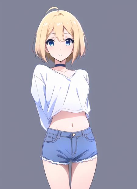 girl, solo, blue eyes, blonde hair, blunted bangs, hime cut, gradient eyes, perfect skin, perfect lighting, simple white background, choker, stare, sketch lines, drawing, expressive eyes, blush lines, line art, tall, thigh_gap, eyelashes, ahoge,
loose v neck t shirt, long sleeves, v-neck, jean shorts, midriff, standing, arms behind back, mature female, sanpaku eyes,
<lora:homebrew_aleos696:0.8>,