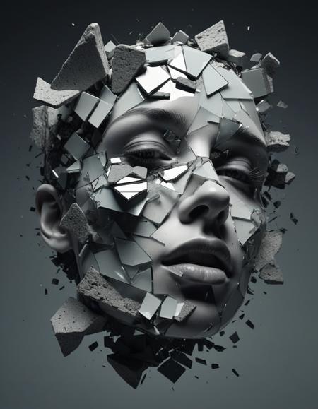 A 3D render of an abstract and surrealist portrait of a face in a state of disintegration or transformation. The face is composed of small, fragmented pieces, resembling shards of glass or broken stone, each piece holding a unique texture and shade. The pieces are dispersed throughout the image, with some clinging to the face and others floating in the surrounding space. The monochromatic color palette, predominantly in shades of gray, gives the image a somber and mysterious aura, reflecting the complex emotions and inner turmoil of the subject.