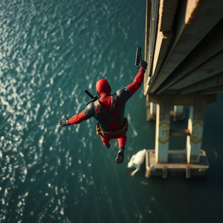 Deadpool is jumping from a bridge in a sea, red third person oponion, super focus on male, superrealistic, in his right hand he has a gun, deadpool is diving into the water, you see his back