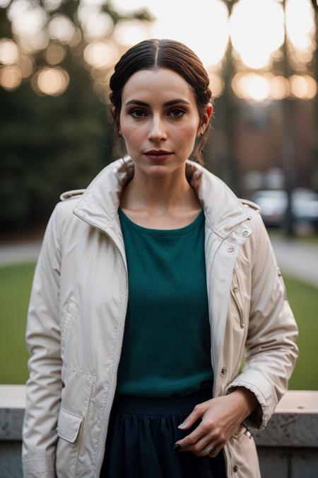 zoecostillo_dfc, brown eyes, beautiful eyes, looking at viewer, 
green designer dress, white jacket, black skirt, full body,
realistic, photograph, (film grain:0.4), realistic skin, detailed skin, (skin imperfections, freckles:0.5),
(dynamic view:1.2), (shallow depth of field:1.4), (Bokeh:1.4), (Cinematic lighting:1.2), (cinematic color grading:1.1), (shot using a Hasselblad 500CM camera), (on Agfa Vista film), in the style of (Norman Jean Roy : 1.3),