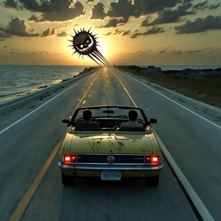 driving convertible, accurate minimal, detailed, precise, unholy chaotic geometry deathly golden ratio design, sickly, threatening aura, too cool, showcase expressionless expression of unknown driver, unsettling, uncanny, absurd, harrowing, haunting, dusk drive, abandoned coastal road, fort myer