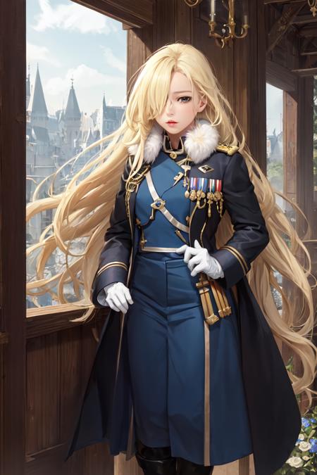 highres, sharp focus, pixiv masterpiece, ((intricate details)), highly detailed, olivier_mira_armstrong, 1girl, full body, standing, (hair over one eye:1.2), blonde hair, long hair, lips, blue coat, jacket, military uniform, white gloves,  <lora:Olivier Mira Armstrong v1_1:0.7>