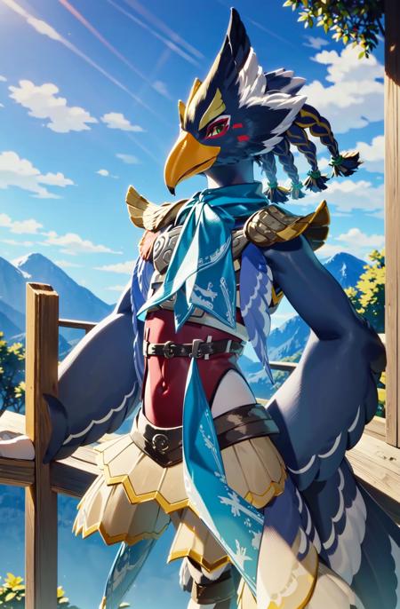 masterpiece, best quality revali, ,anthro avian bird, beak, ((winged-arms)), detailed, masterpiece, forest  background, blue sky