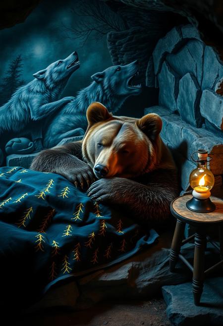 Closeup of a drunk degenerate grizzly bear sleeping on a stone bed in a cozy cave bedroom. There is a blue/green mural depicting wolves and bears on the back wall. There is a thin mattress on the stone bed and the bear is under a dark blue blanket with a forest theme drawn in yellow strokes. The dimly lit room is illuminated by a salt stone lamp on a small bedside table next to an empty rum bottle.