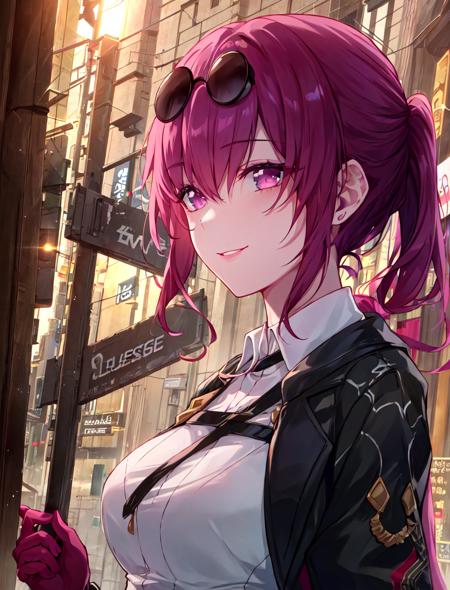 ((masterpiece)), kafka hsr, 1girl, solo, long_hair, breasts, looking_at_viewer, smile, bangs, large_breasts, shirt, gloves, long_sleeves, purple_eyes, jacket, white_shirt, ponytail, purple_hair, pantyhose, parted_lips, white_gloves, sunglasses, holding_gun, eyewear_on_head, smoke, rain

masterpiece, best quality, high quality, absurdres, shiny skin, colorful, dynamic pose, stunning art, best quality, hyper detailed, dynamic angle, beatlful detailed, reflective hair, good lighting, ray tracing, depth of field, ultra-detailed, illustration, Amazing, fine detail, extremely detailed, ((ultra-detailed)), (beautiful detailed girl), beautiful detailed glow, intricate detail, highres, an extremely delicate and beautiful, beautiful detailed eyes, realistic, hdr, rounded eyes, detailed facial features,

(illustration), (beautiful detailed eyes), ((very detailed face)), depth_of_field, eyebrows_visible_through_hair, frills, looking_at_viewer, outdoors, (upper body:1.4),

clothes reflecting light, (light diffraction on skin: 1.35), (glossy skin: 1.55), (Iridescence Effect: 1.55),

(alleyway, night, neon lights, dimly lit, sign:1.5),

critical angle, thick thighs,