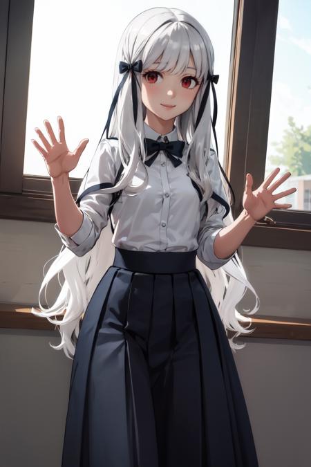 masterpiece, best quality, absurdres, 1girl, solo, SophiaAscart, long hair, hair ribbon, classroom, window, school uniform, dress shirt, pleated skirt, waving at viewer, smile, <lora:SophiaAscart:1.0>