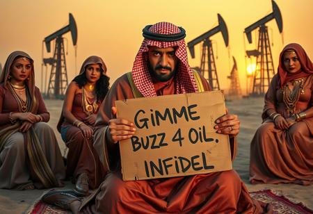 “A wealthy sheikh in luxurious traditional attire, kneeling in desperation, surrounded by his lavish harem. In his hands, he holds a crumpled, rotten cardboard sign reading ‘Gimme Buzz 4 Oil, Infidel.’ The harem members are adorned with ornate jewelry and flowing fabrics, exuding an air of indifference. The backdrop showcases towering oil pumping stations under a hazy desert sunset, with oil derricks actively extracting crude oil. The scene is infused with irony, blending wealth, power, and absurdity into a satirical narrative. Ultra-detailed, cinematic lighting, vibrant textures, and realistic shading.”