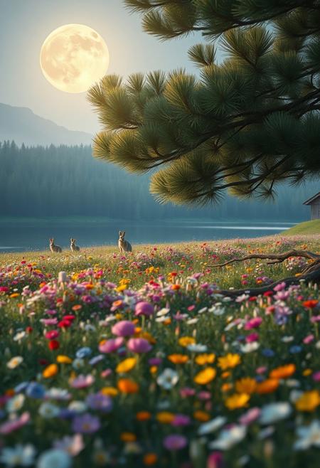 masterpiece, best quality, ultra-detailed, realistic, 8k, pine tree, flowers fields, many kinds of flowers, a couple of rabbits on very distant, lakes, meadows, glitter, moonlight, out-of-this-world scenery, lifelike, naturalism, greatest naturalism photo, immaculate detailed realism photography, rich colors, best colors perfect composition, perfect colors, colorful, clear photo, intrigue nature panorama, delicate nature photo, immaculate micro-details nature elements, (out-of-this-world scenery:1.23), beautiful landscape, beautiful flowers, crystal fantastic, breathtaking beautiful nature, unmatched beauty nature, more nature elements, rich nature elements, beach, (awards winning photography:1.37), trending on artstation, real life photo realistic, perfect proportion, aesthetic, artistic style, surreal, insanely lifelike, top best naturalism photography, greatest detailed, intricate nature details background, depth of field, no human, detailerlora,