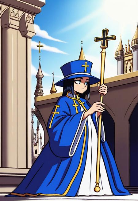 masterpiece, best quality, amazing quality, intricate details, bozodanxl, cat pope, robes, hat  scepter, cross, rosary, balcony, palace, day, sunlight, blue sky,