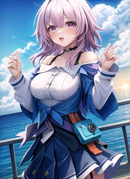 1girl, ;o, bangs, bare shoulders,(multicolor eyes), blush, breasts, choker, collarbone, garter straps, hair between eyes, jacket, jewelry, long sleeves, looking at viewer, medium breasts, off shoulder,open jacket, pink hair, shirt, skirt, solo, walking white shirt ,outdoors,sunset