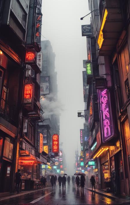 dense comerce street, neon light, masterpiece, ultra realistic, beautiful, rainy, cyberpunk , latenight, disperse fog distance, isometric view perspective,1
