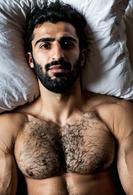 A hairy chested fit Syrian man in bed