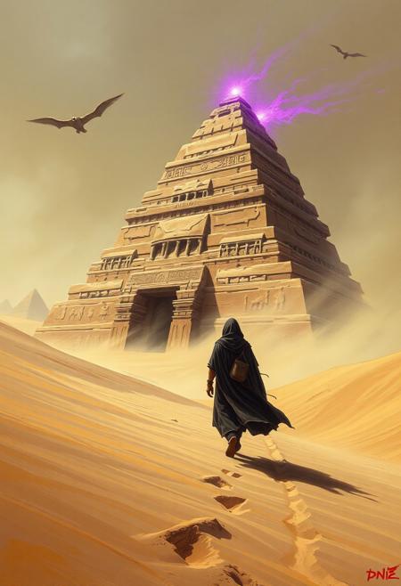 A desert-robed wanderer strides through a sandstorm toward a buried ziggurat whose apex glows with eerie violet light. Each gust reveals carved effigies of forgotten gods on the dune-slid walls., dndpntng style vintage fantasy painting, 1980s RPG style, hand painted with dramatic shadows and fantasy details, <lora:dnd-painting_v10:1>
