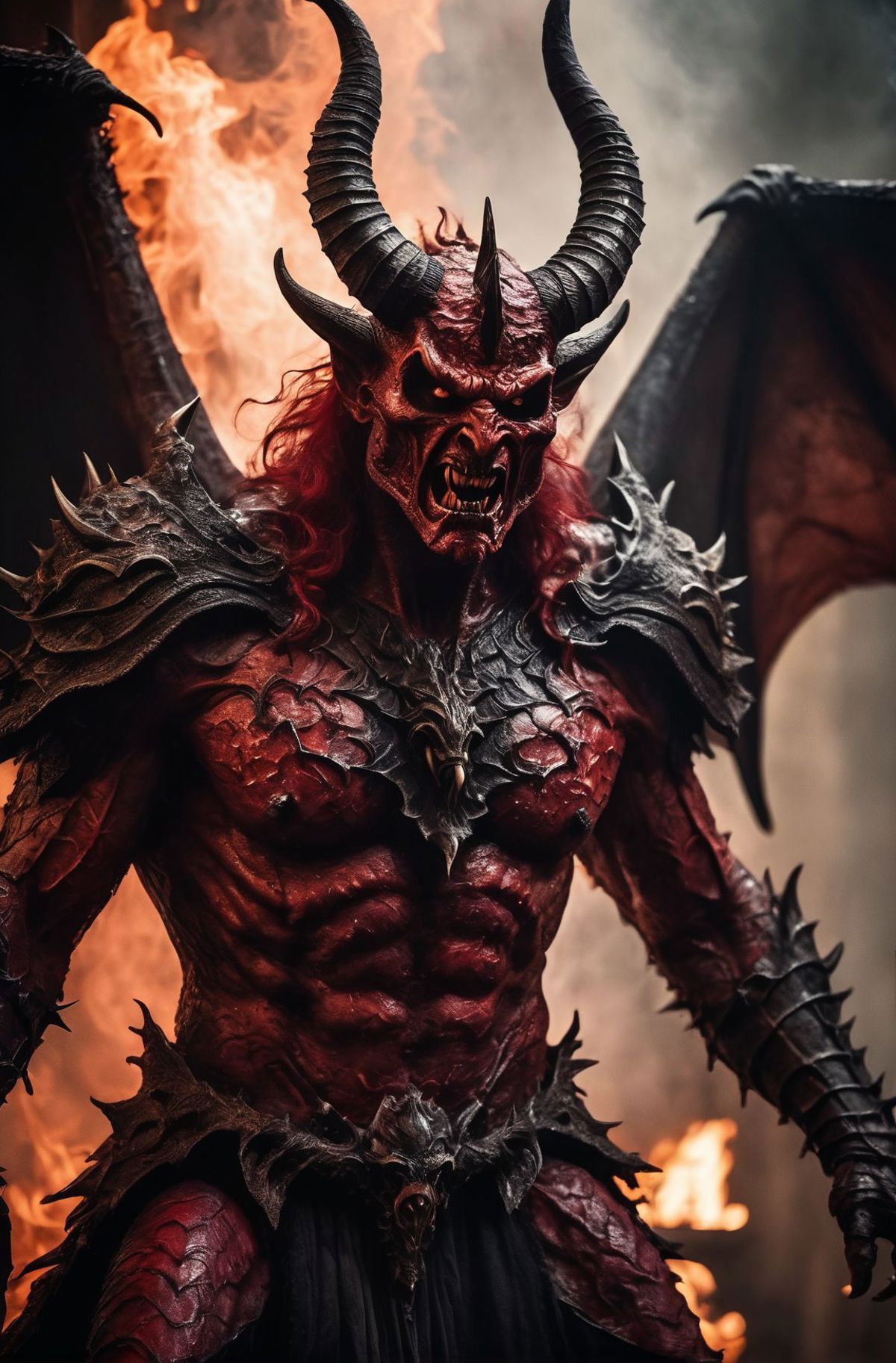 A demonic figure with horns and red hair, possibly a demon or devil, is standing in front of a fire. The figure is wearing a metal armor and has a very menacing appearance.