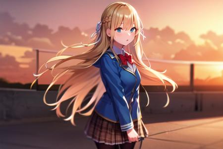 tsukasa, red bowtie, braid, 1girl,  blonde hair,  white hair ribbon, masterpiece, best quality, 1girl, blue jacket,  white shirt,  school uniform, black striped pantyhose, plaid skirt,   brown skirt, black pantyhose, pleated skirt,  absurdres, sunset, playing, <lora:tsukasa:0.8>