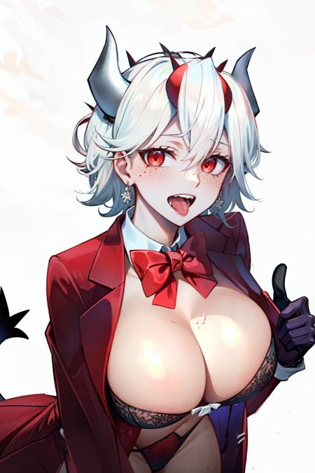 <lora:beelzebub:1>beelzebub(helltaker), tongue, jewelry, tongue out, demon tail, arm under breasts, gloves, freckles, underwear, business suit, formal, red gloves, red jacket, looking at viewer, demon horns, red eyes, white horns, saliva, demon girl, 1girl, jacket, suit, horns, white hair, cleavage, shirt, teeth, bowtie, red bow, tail, solo, open mouth, short hair, bra, bow, large breasts