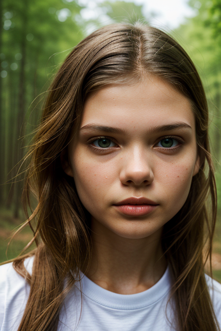 SashaKaigorodova, portrait photo, (detailed eyes:1.1), (long wavy hair) BREAK, wearing a (1980s white t-shirt with orange stripes:1.1), posing for a picture BREAK with a stranger things background, moody light, (masterpiece), ((forest)), (detailed face:1.2)