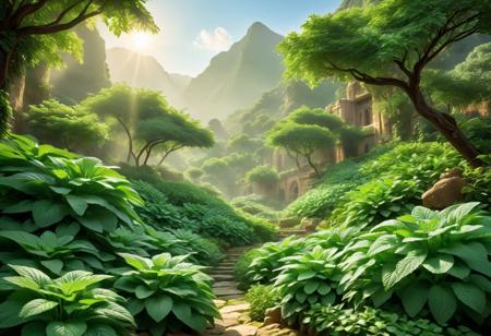(masterpiece, exotic realism:1.3), behold a captivating scene of exotic realism featuring a lush spearmint oasis nestled in uncharted lands. Picture the vibrant green spearmint leaves, each intricately detailed to showcase their freshness and vitality, creating a mesmerizing tapestry of color and texture. The oasis radiates a sense of tranquility and abundance, with the spearmint plants flourishing under the sun's warm glow, their aromatic fragrance perfuming the air with a hint of freshness. The realism of the scene transports you to a world where the exotic meets the familiar, inviting you to explore the beauty and intricacies of nature in its purest form. Each leaf is a work of art, capturing the essence of spearmint in all its glory, from the delicate veins to the serrated edges that catch the light. As you immerse yourself in this oasis of spearmint, feel a sense of calm wash over you, as if you've discovered a hidden gem in a vast and unexplored landscape. Experience the allure of exotic realism in this detailed masterpiece that celebrates the beauty and wonder of nature's bounty in a way that is both captivating and inspiring.