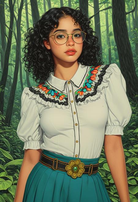 Drawing of a realistic version of Mirabel Madrigal, 20 years old, Colombian girl of a 5'2" height, with hazel eyes, chin-length voluminous curly black hair, dark brown thick eyebrows, and a visibly dark shade of freckles on her nose and cheeks. She wears lime green and gold round-framed glasses. Her attire is a traditional Andean-styled white blouse that has colorful butterfly stitching, with frills of black trimming at the neck and sleeves. She wears a long Colombian skirt that's 3 shades of teal with colorful butterfly embroidery. Creative angle, dynamic_pose, Expressionism, pinup_model, (masterpiece),ArsMJStyle, Colored pencil hyperdetailed realism, sexy,  inside a magic forest, BREASTS