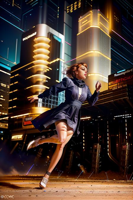 from below,  in a 1937 retrofuture fascist metropolis, dense art deco downtown full of skyscrapers, neon, searchlights, attractive [woman| j3nn1f3r8] solo, running away from (attacking autonomous streamline chrome aerial drones (at night) firing machine guns:1.2), short hair,  spy gadgets,  wearing long  wool dress, stockings, heels, realistic skin, skin texture, slim waist, big breasts, (smile:0.3), bullet trails, tracer bullets, ricochets off ground, perspective, foreshortening, receding background, (dynamic action, kinetic action, dynamic angle, nimbleness:1.5), motion lines,  (rim lighting:1) two-tone lighting, sharp focus, 
<lora:ass_size_control_v1.0:-0.6>
<lora:covered_nipples_v20:0.4> 
<lora:Decopunk_SD:1> d3c0pnuk, str34ml1n3 
<lora:ClothingAdjuster3:-1> <lora:j3nn1f3r8:1> 
<lora:epiNoiseoffset_v2:0.1>