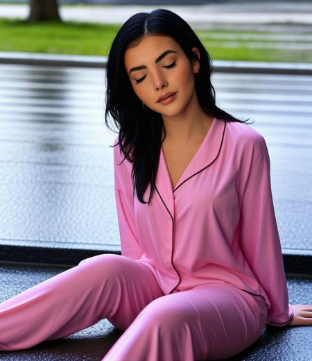 3/4 shot professional photograph of 4ndre4, sitting on the ground in the rain, outdoors, raining, thin pajamas, wet hair, wet clothes, eyes closed, UHD <lora:LCM 1.5:1> <lora:4ndre4_Botez:1.1>