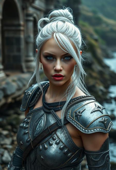 Stable_Yogis_PDXL_Positives  
medium shot of a sexy beautiful  albino female warrior,  Glitter cut crease with bold lips makeup style , bun hairstyle , white silver hair_color , bones ear climbers ,  wearing iron armour,  ancient ruins on the edge of a river , shot with Canon PowerShot G7 X Mark III Compact camera,  light_particles, cinematic, dynamic_angle, depth_of_field, bokeh, HDR, 8K, RAW, best_quality, top_quality, hyperrealistic, photorealistic, ultra_detail, ultra_realistic, masterpiece, hi-res, absurd_res, high_quality_photography, source_photo, highly_detailed, very_aesthetic, beautiful, realistic, real_life.