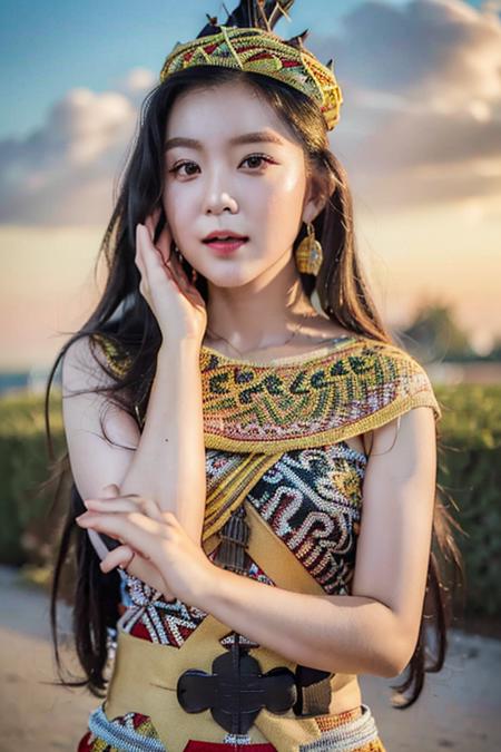 (((irene1:1.4,<lora:irene_v70:1>))), (RAW photo, best quality), (realistic, photo-realistic:1.3), masterpiece, an extremely delicate and beautiful, extremely detailed, CG, unity , 2k wallpaper, Amazing, finely detail, light smile, extremely detailed CG unity 8k wallpaper, huge filesize, ultra-detailed, highres, absurdres, soft light, (beautiful detailed sky, outdoor, cityscape, city lights, skyline) ((extremely detailed face, beautiful detailed girl, detailed fingers, extremely detailed eyes and face, beautiful detailed nose,)) light on face, solo, 1girl,(pureerosface_v1:0.6),  black eyes, black hair, bangs,  closed_mouth, lips, long_hair, looking_at_viewer, (full body:1.2),  realistic, (wearing_dayak_outfit:1.4), smile,  ((detailed pupils)), <lora:breastinclassBetter:0.4> <lora:dayakoutfit:1>