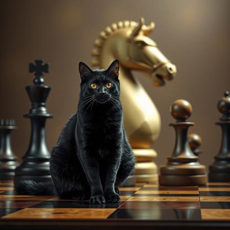 A photorealistic picture of a black cat on a chess table in front of a huge knight chess piece