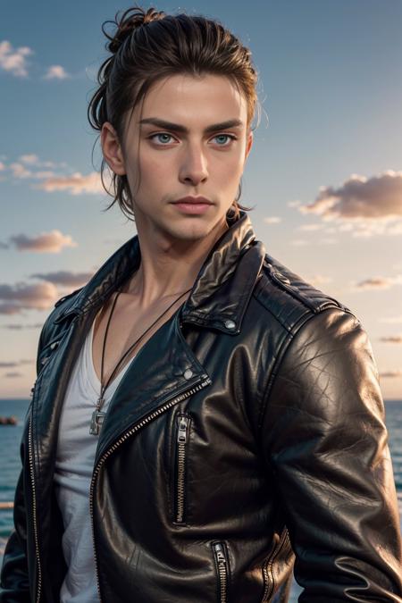 eren_yeager, leather jacket, green eyes, looking at you, man bun, leather jeans,  muscular, stubble, sunset background <lora:eren_yeager-38:0.65>