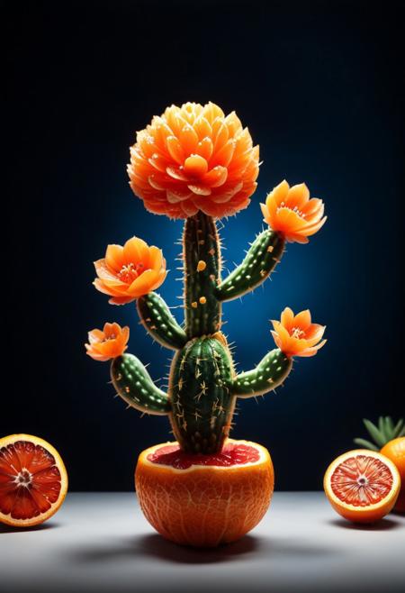 8k analog photo, Cactus made of blood orange, with blue flowers, blood orange style, dark background,