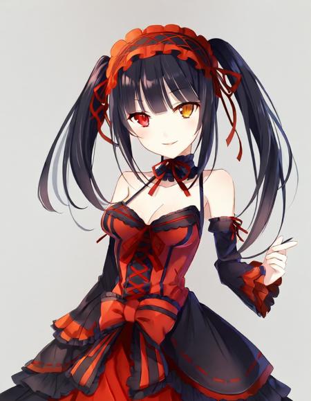 tokisaki kurumi, absurdres, 1girl, arm up, black dress, black hair, bow, breasts, clock eyes, cowboy shot, detached sleeves, dress, dress bow, hairband, heterochromia, long hair, long sleeves, looking at viewer, medium breasts, multicolored clothes, multicolored dress, parted lips, red dress, red eyes, red ribbon, ribbon, sidelocks, simple background, smile, solo, symbol-shaped pupils, twintails, yellow eyes <lora:Char - Tokisaki_Kurumi - Own:1>