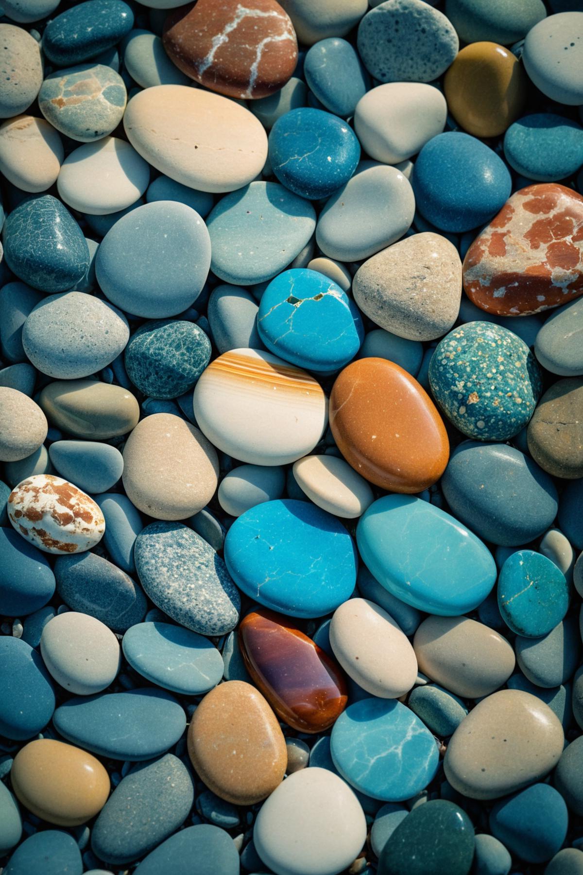 A pile of colorful rocks with a blue and orange rock standing out.