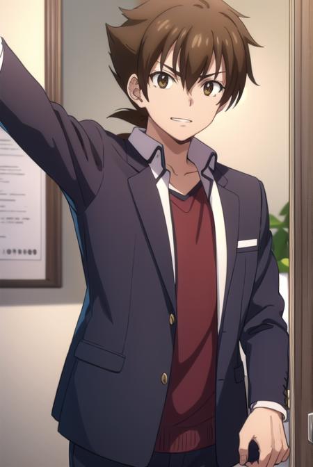 isseihyoudou, <lora:issei hyoudou anime s1-lora-nochekaiser:1>,
issei hyoudou, brown hair, (brown eyes:1.5), male focus, smile, grin,
BREAK long sleeves, school uniform, jacket, necktie, pants, black jacket, red necktie,
BREAK indoors, classroom,
BREAK looking at viewer, (cowboy shot:1.5),
BREAK <lyco:GoodHands-beta2:1>, (masterpiece:1.2), best quality, high resolution, unity 8k wallpaper, (illustration:0.8), (beautiful detailed eyes:1.6), extremely detailed face, perfect lighting, extremely detailed CG, (perfect hands, perfect anatomy),