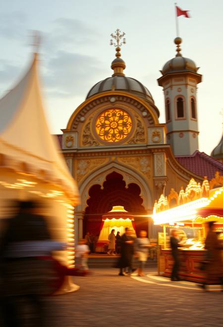A dynamic, motion-filled scene capturing gypsy camps and Arab fairs in art nouveau style at golden hour, depicting theatrical scenes, elegant compositions, and romanticized architecture with soft pastel tones and intricate details, showcasing blurred lines and soft light just after sunrise.