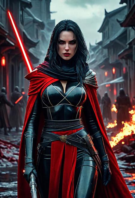 High resolution ultra-realistic of Beautiful Dark Sith girl, 8k, capturing the intensity of the moment, cinematic lighting, standing on a bloody and turbulent battlefield in a bloody battle, wavy black hair, realistic dirty pale face, realistic red eyes, beautiful hourglass figure, burning in a Star Wars Town, intricately designed Star Wars style clothes dirty black-red robes, red cape, Star Wars Aesthetic, perfect athletic figure, beautiful Dark Sith Knightess, ultra realistic, cinematic style, vigorous and seductive, athletic figure, Star Wars style, dramatic lighting, wet and sweaty skin, dirty pale skin, athletic figure, dark fantasy, dramatic lighting, Greg Rutkowski style, Dark Sith Knightess on in Jedi dress, hyper-detailed, hyper-realistic, natural light, extremely intricate details, masterpiece, epic, bright colours, Attractive 21 old years girl, beautiful firm Breasts, sharp focus, digital painting, Photograph Taken on Nikon D750, Alphonse Mucha, 8K, athletic figure, Hyperdetailed, hyperrealism, Attractive, Attractive bust girl, asymmetric balance