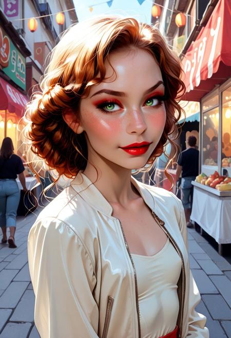 score_9, score_8_up, score_7_up, (best quality:1.1), detailed skin, beautiful, smooth edges, outdoor, festival setting,, 1 girl, Sandy, very long curly ginger hair, perfect nose,  18 years old,  perfecteyes, green eyes, red lipstick, freckles, makeup, eye shadow, thick eyelashes, eyeliner, tiny breasts, skinny, cream leather jacket, hippy, happy